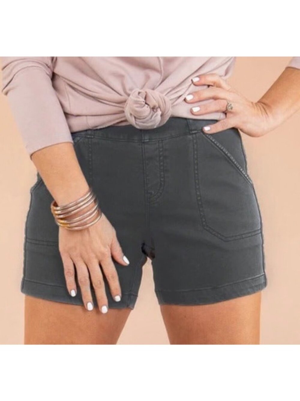 SPANX Washed Black Elastic Waist Twill Fabric Chino Style 5" Inseam Shorts Large